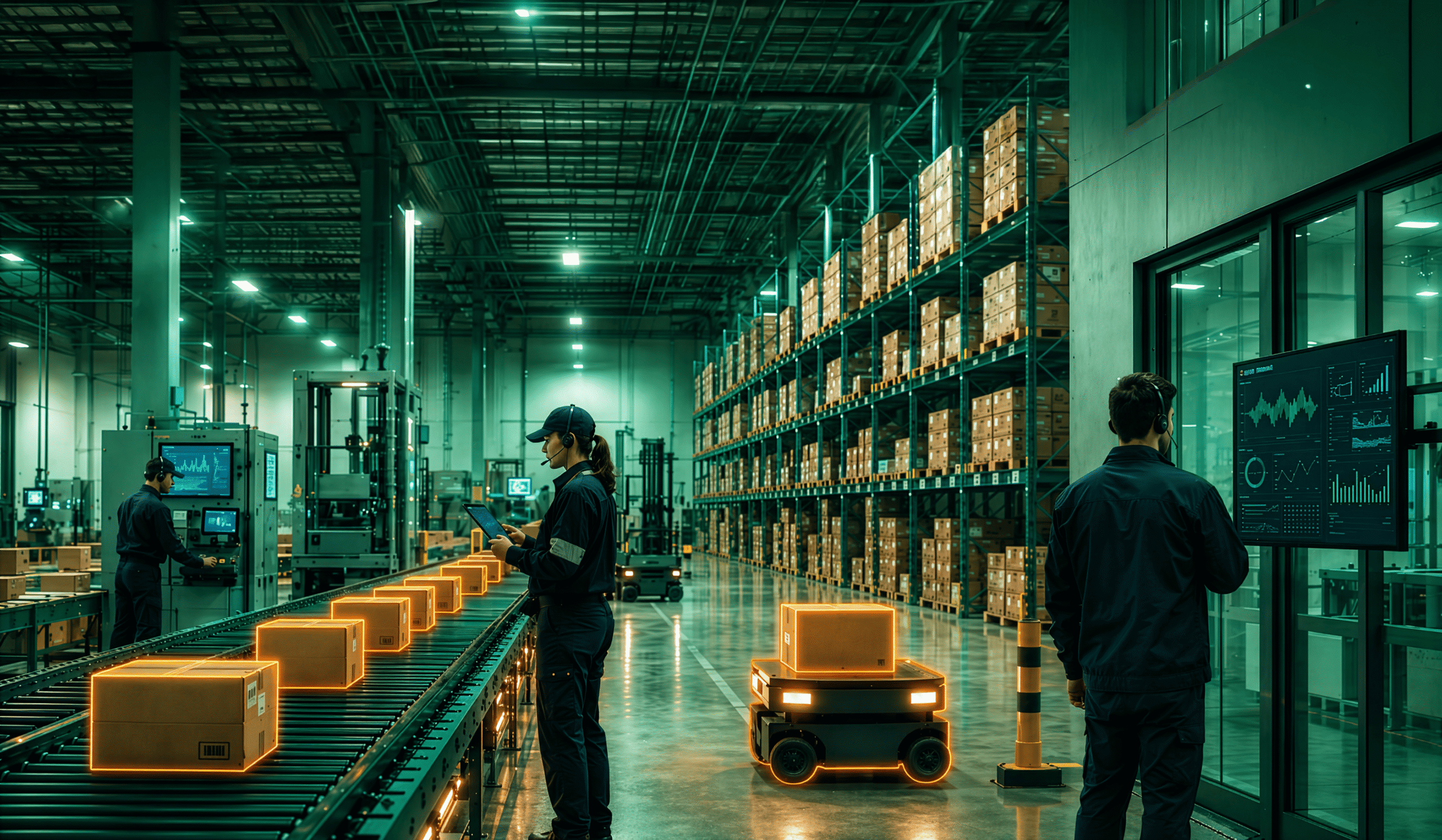 Automated warehouse with conveyor and robotic vehicles.