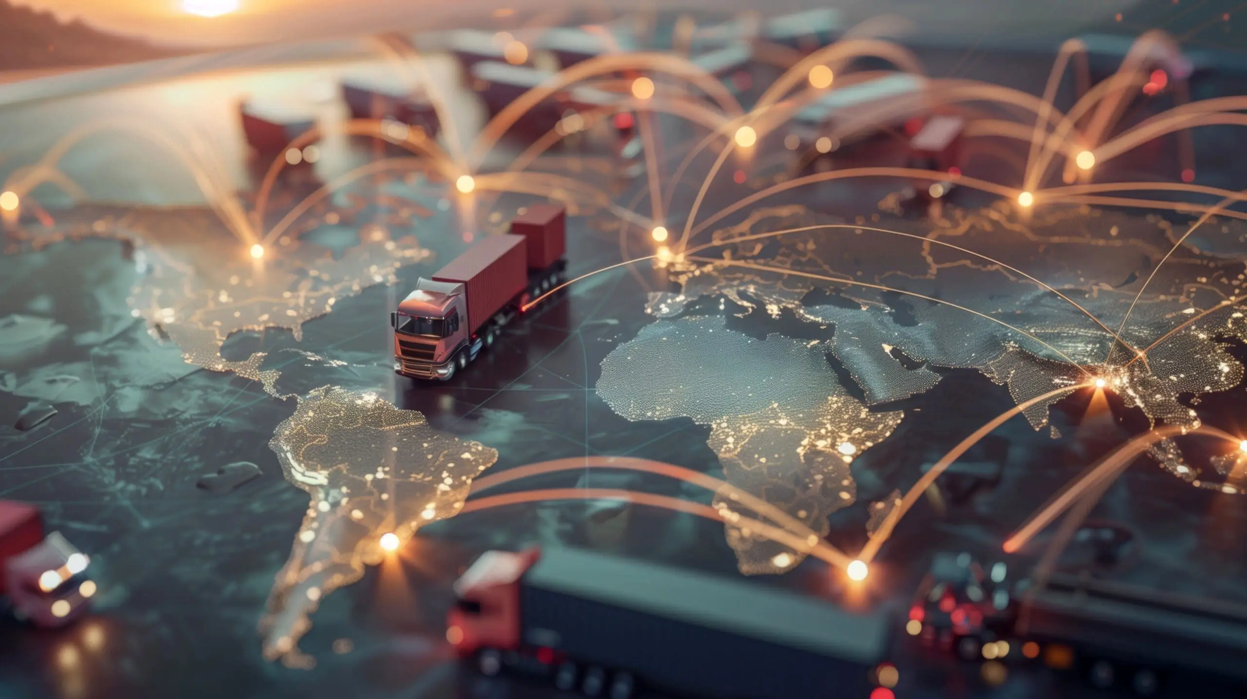 Global logistics network with trucks and connections.