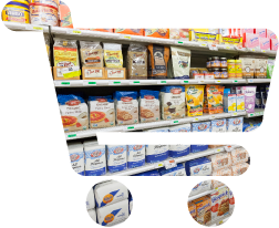 Grocery store shelf with oats and baking supplies.