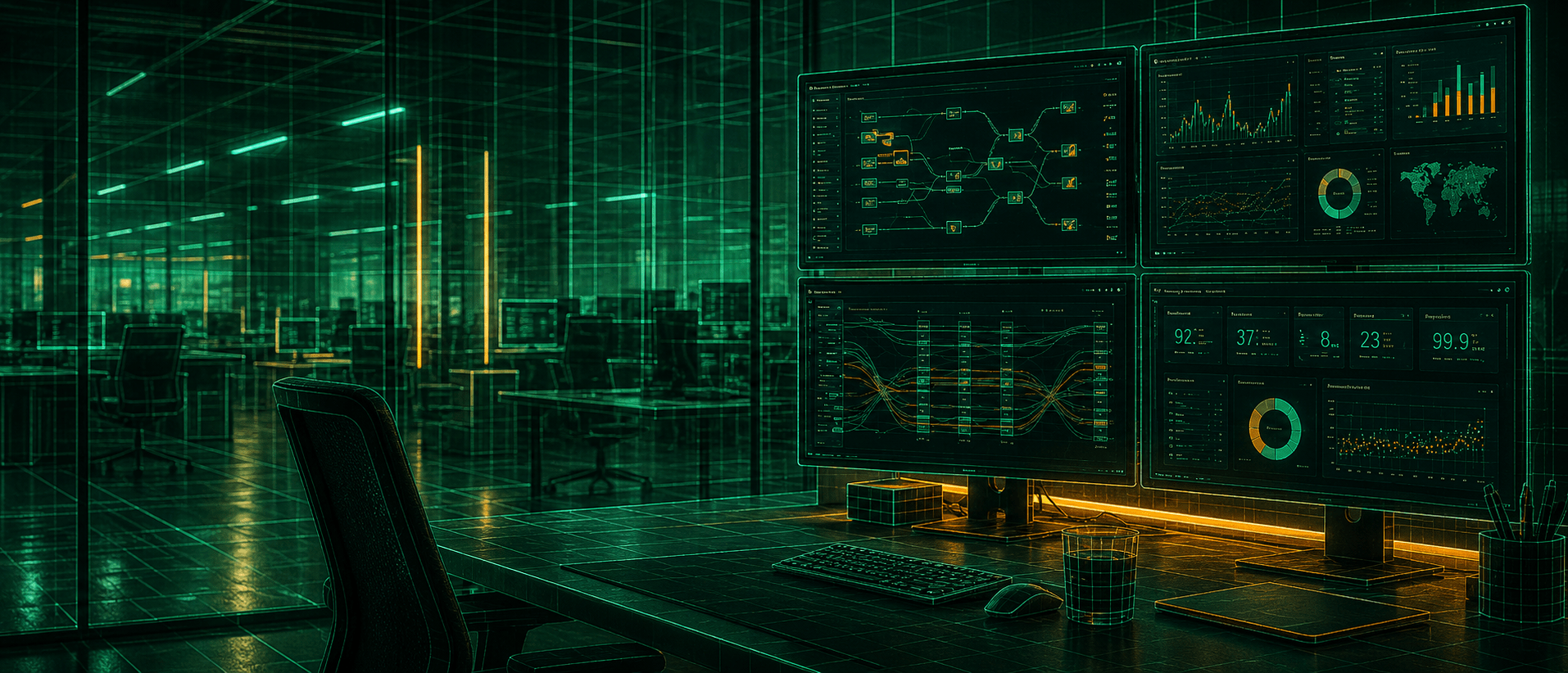 Futuristic data center with digital screens and analytics.