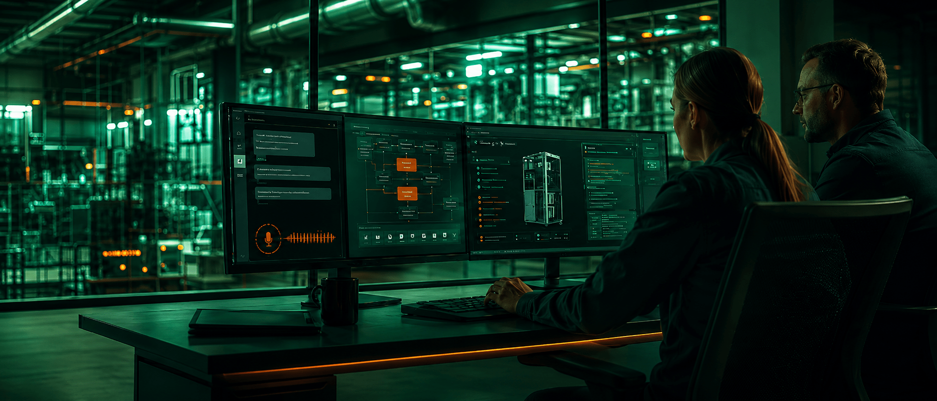Engineers monitor industrial systems on multiple screens.