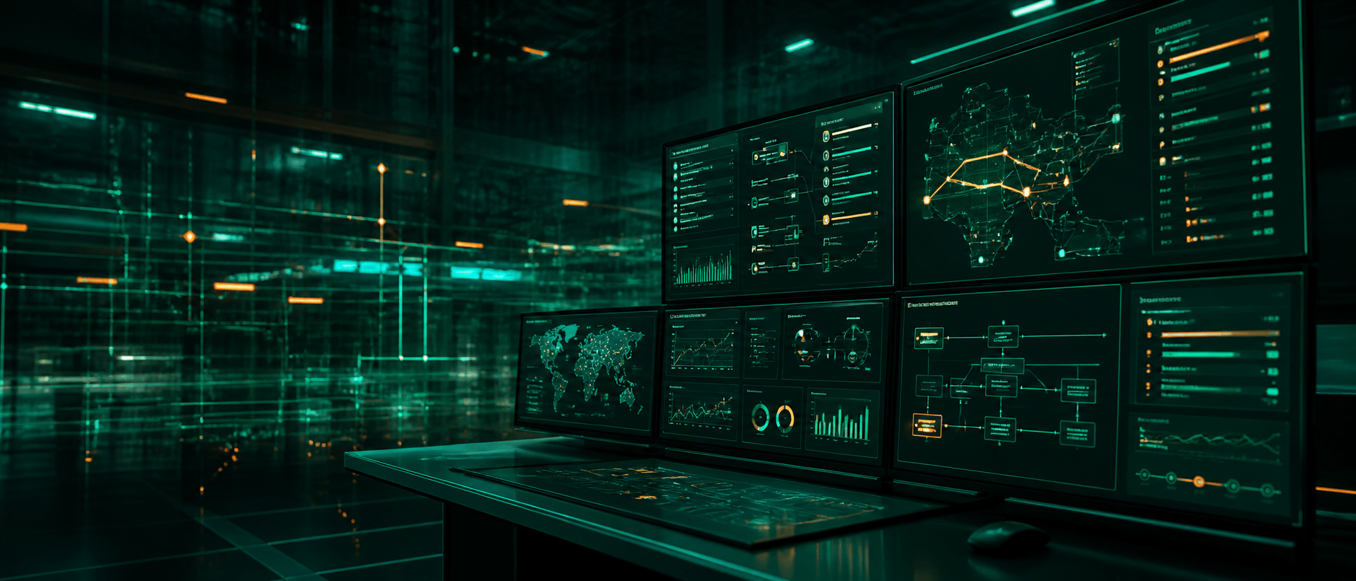 Futuristic data analysis on multiple computer screens.