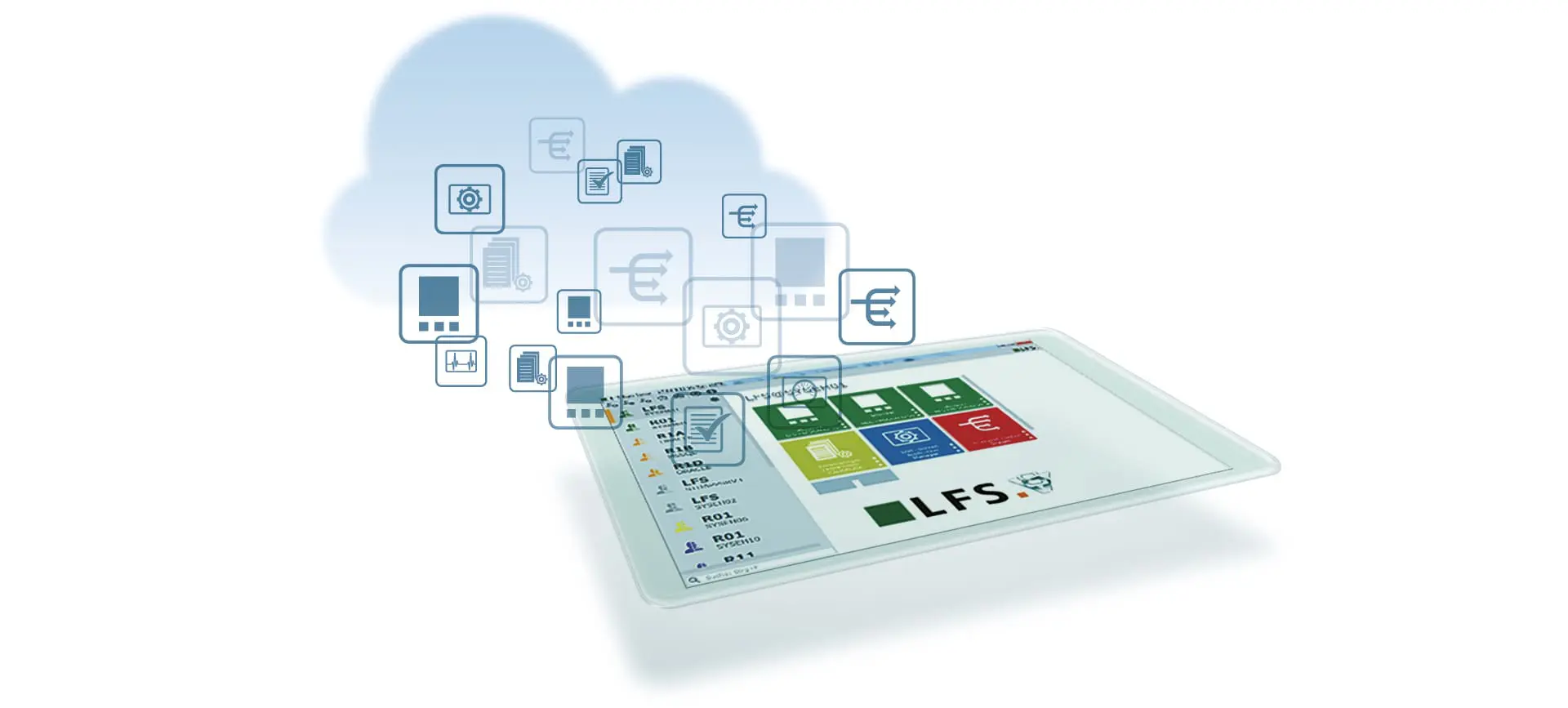 Tablet with cloud-based digital icons and interface.