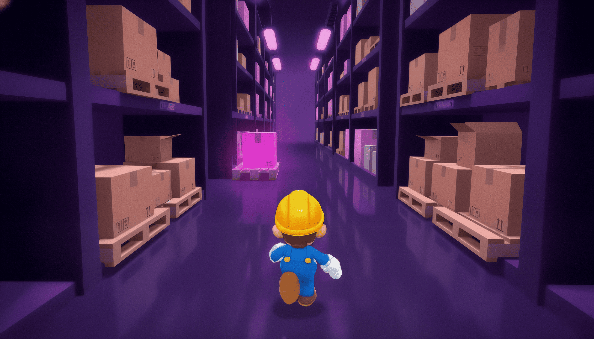 Character exploring cardboard box warehouse