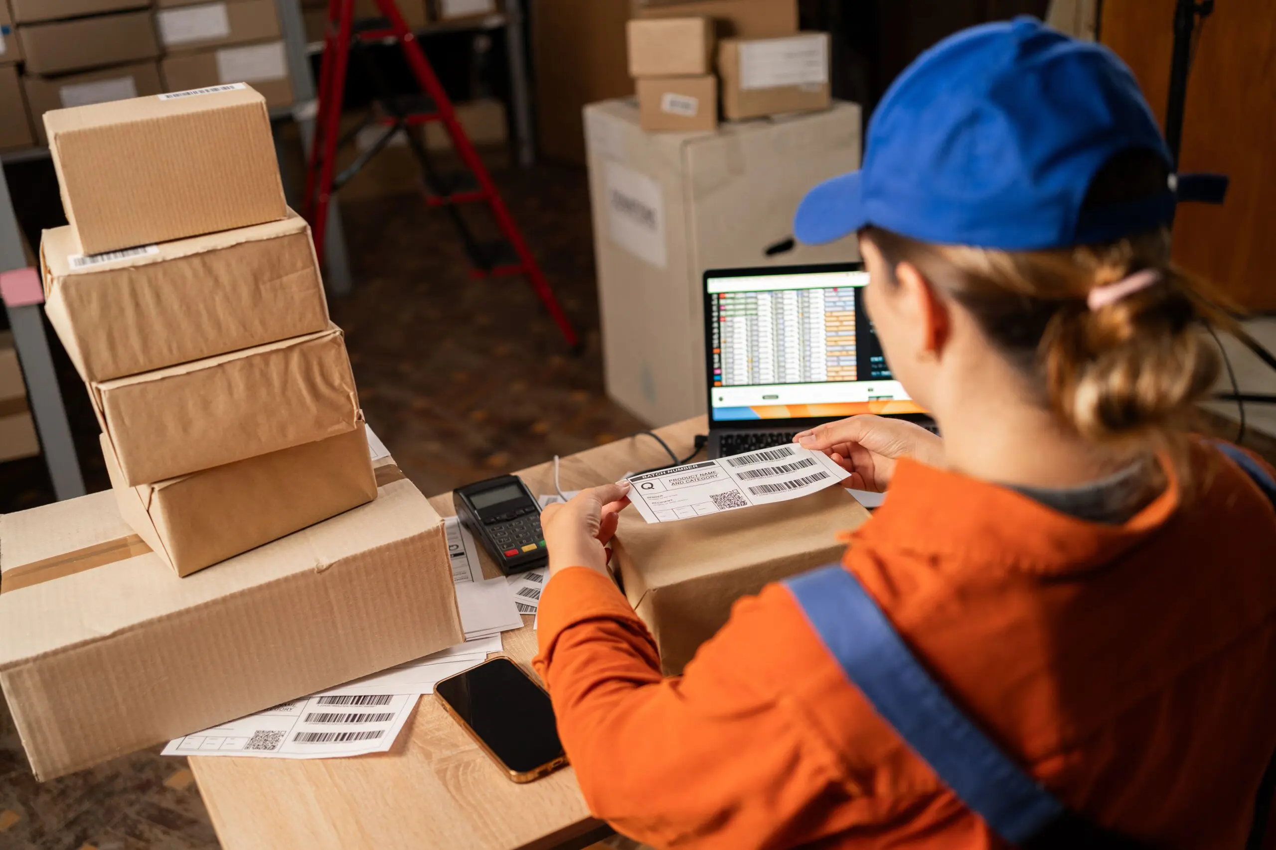 Worker labeling packages in a warehouse