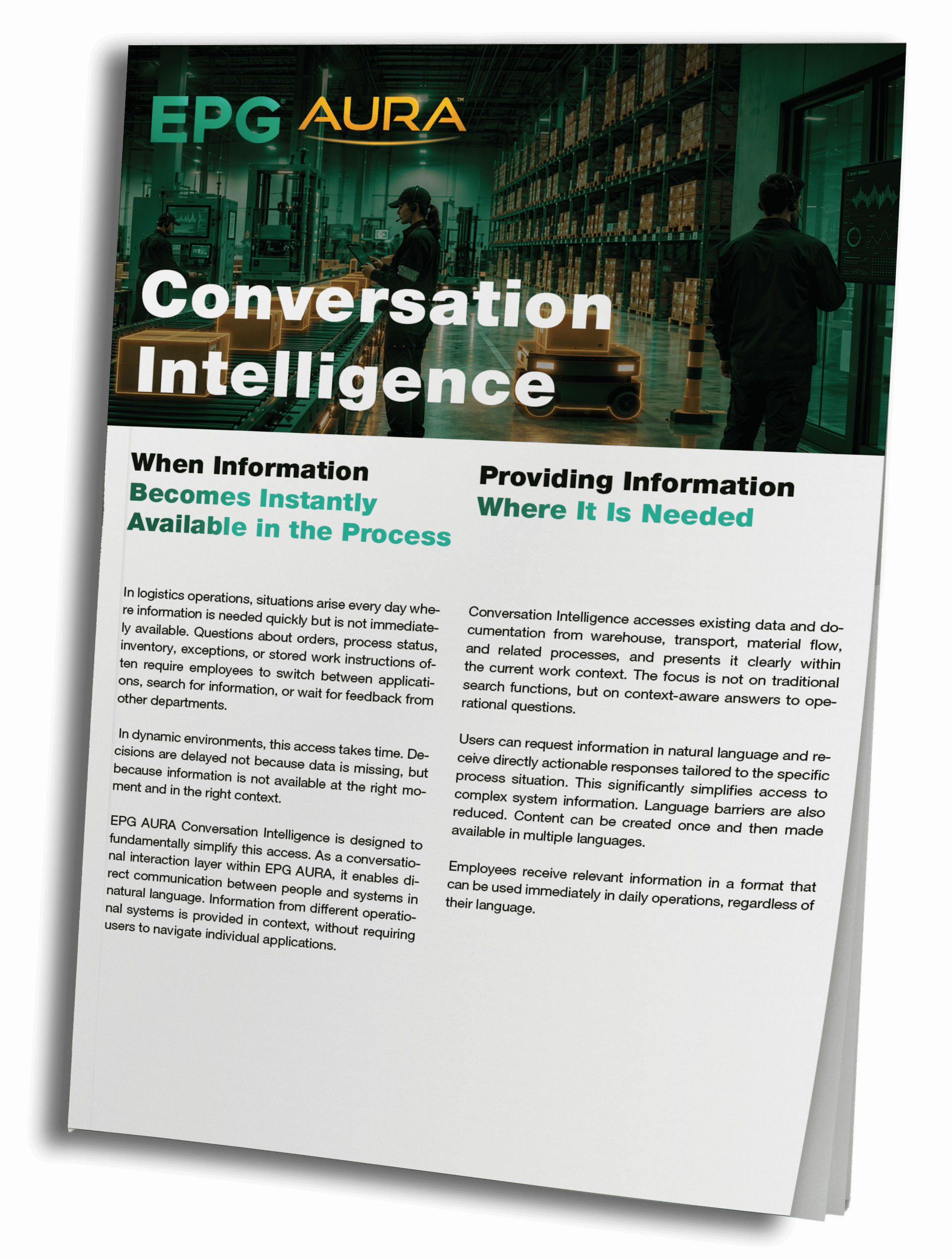 EPG AURA Conversation Intelligence brochure on logistics processes.