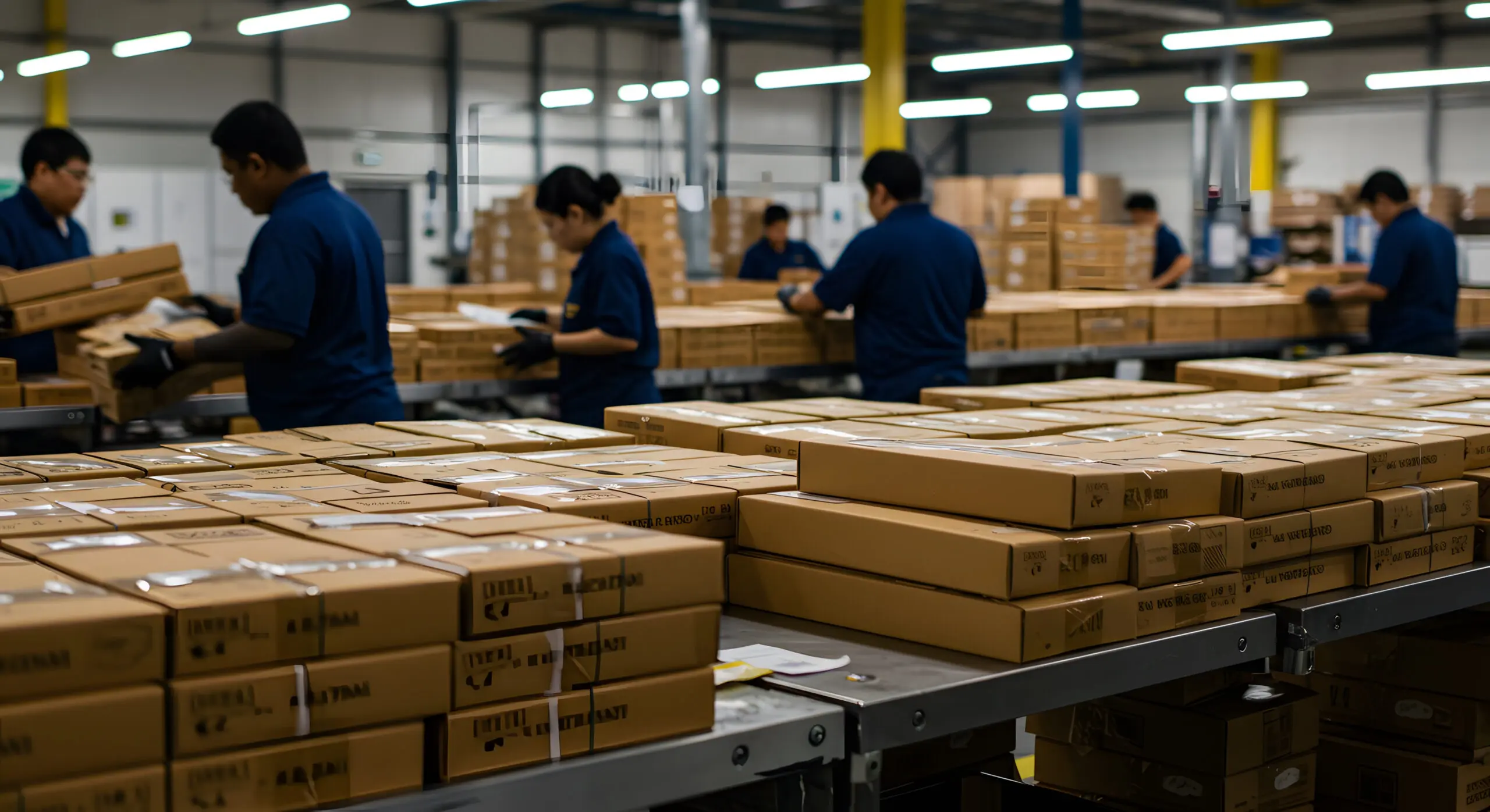 Workers sorting boxes in warehouse distribution center.
