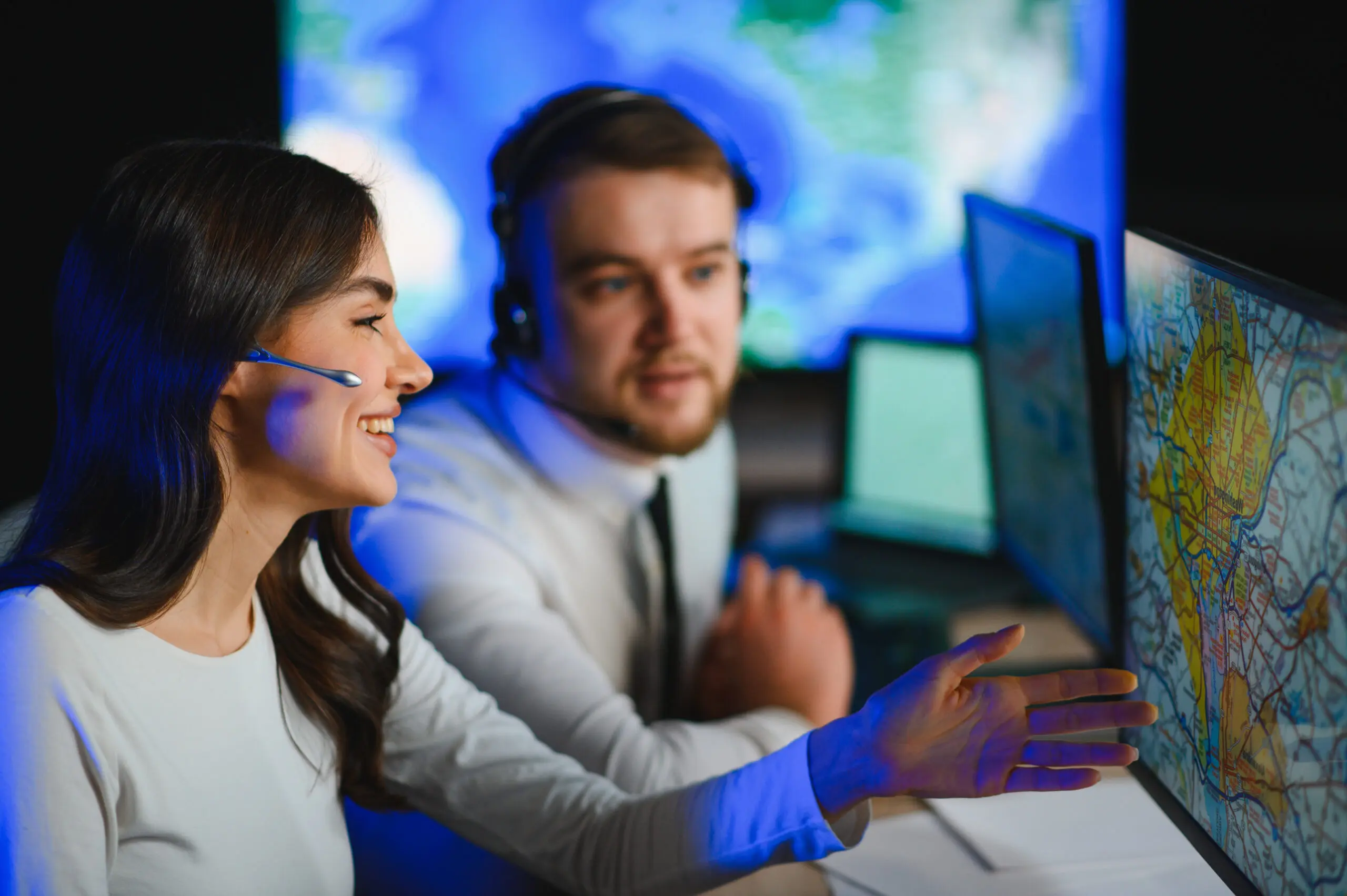 Two operators discussing map on computer screens.