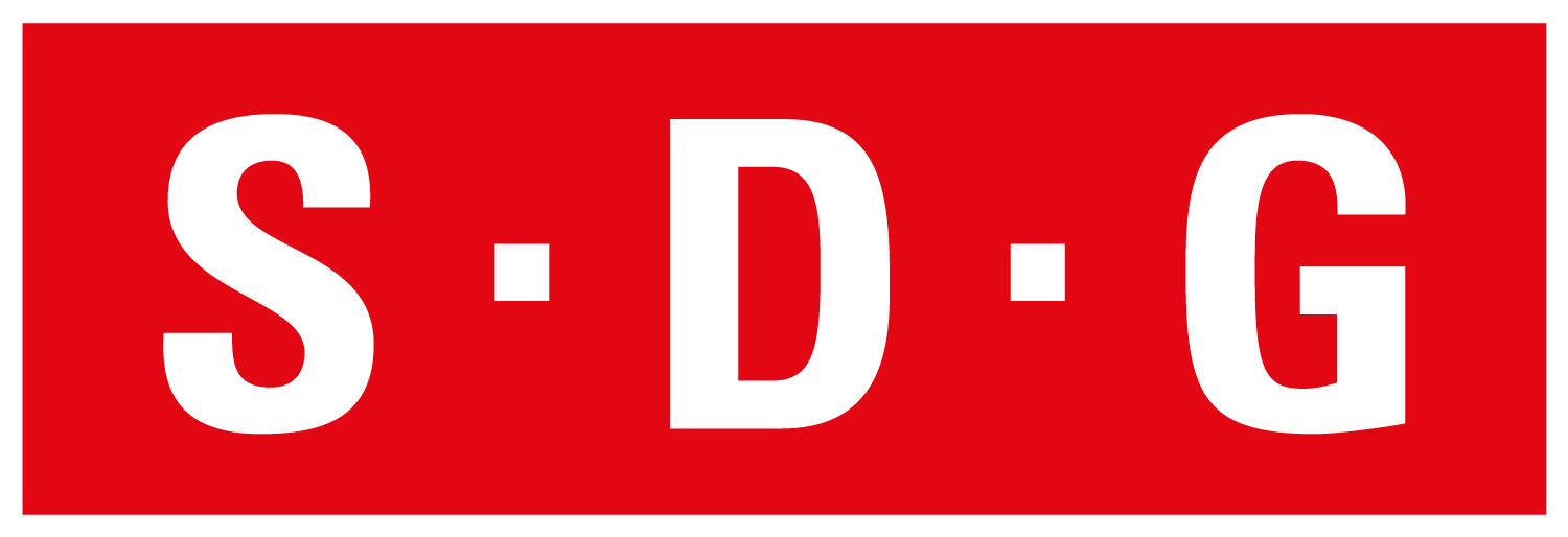 SDG logo in red and white