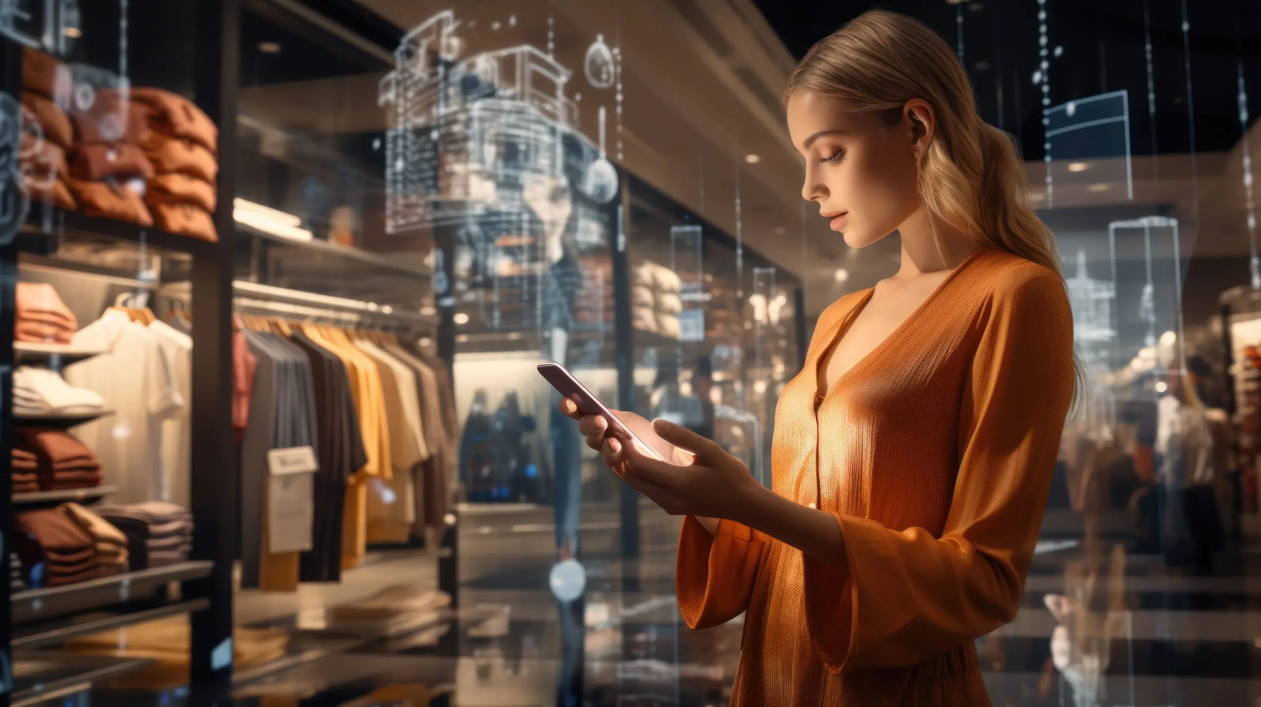Woman shopping online with smartphone in store