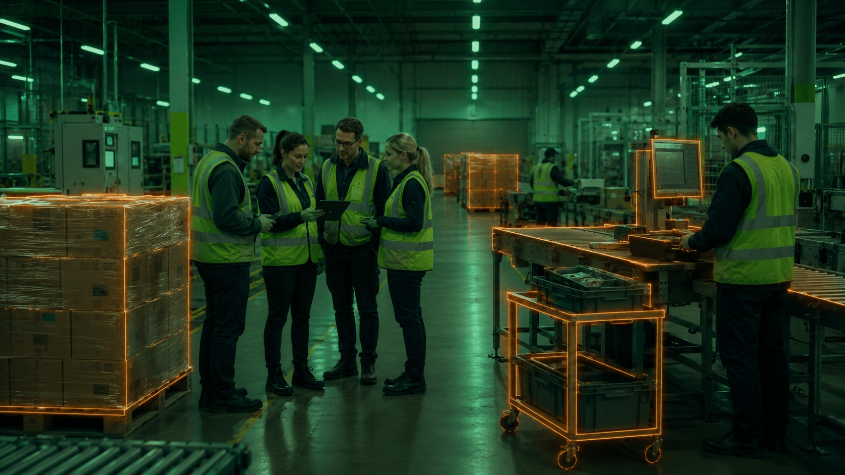 Warehouse workers in neon-lit industrial setting
