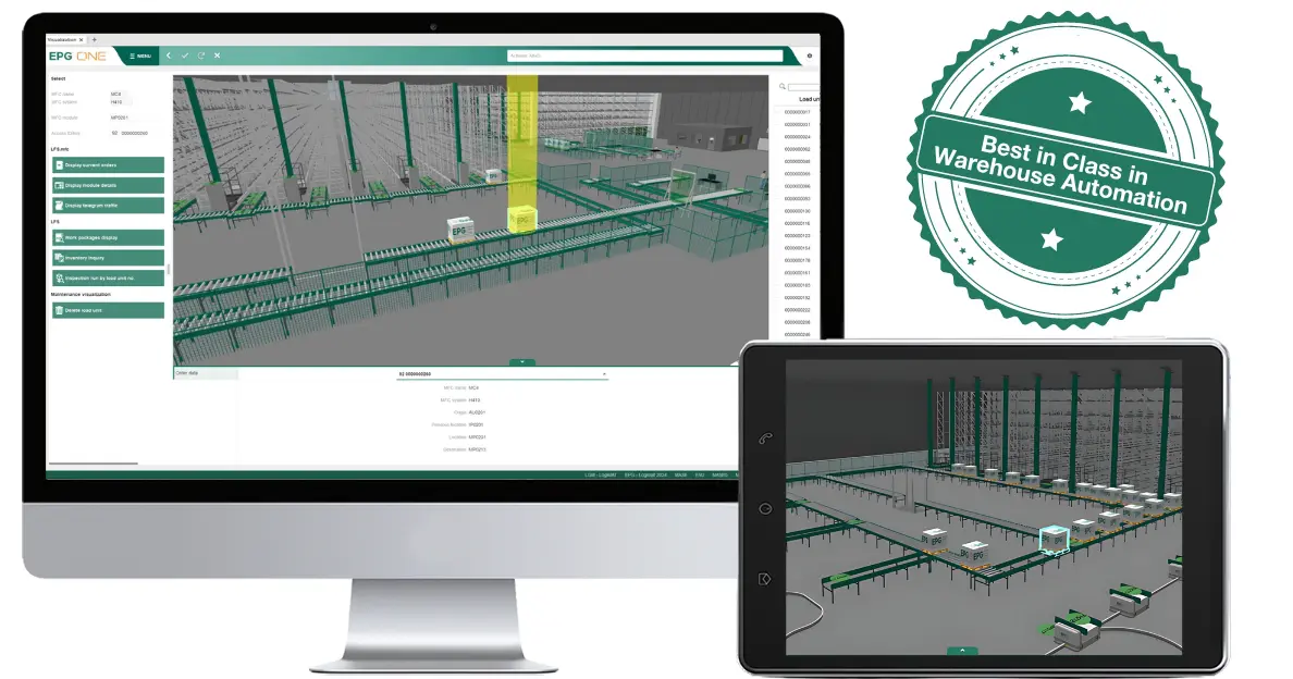 Warehouse automation software on computer and tablet display.