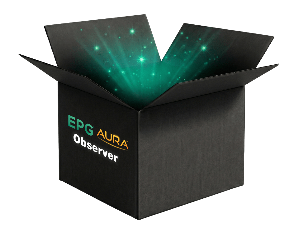 Open black box with glowing green lights inside.