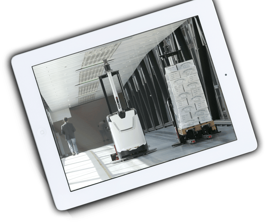 Automated robots transporting goods in warehouse