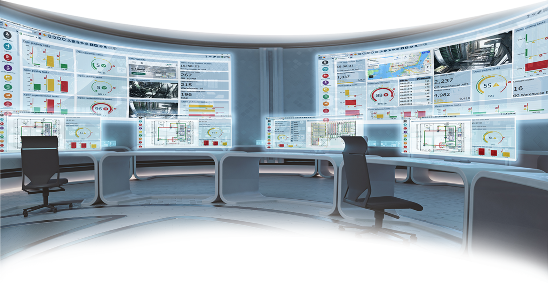 Modern control room with digital screens and chairs.