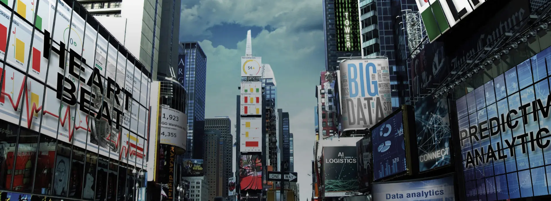 Cityscape with data and technology billboards.