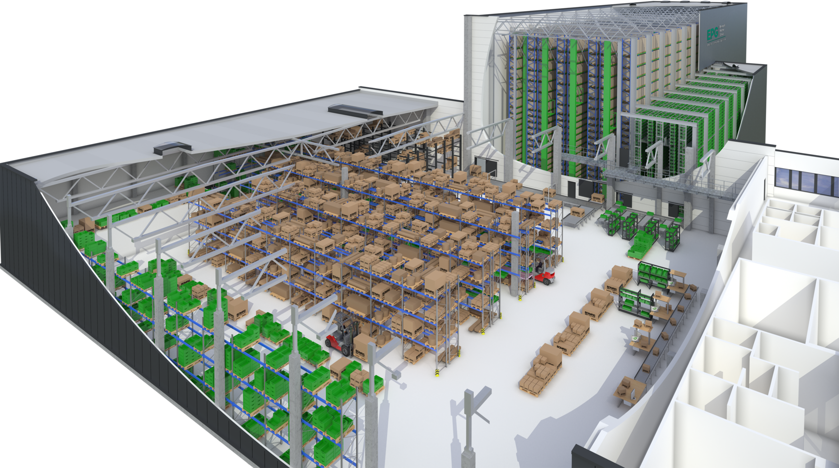 Warehouse with shelves and storage units overview.
