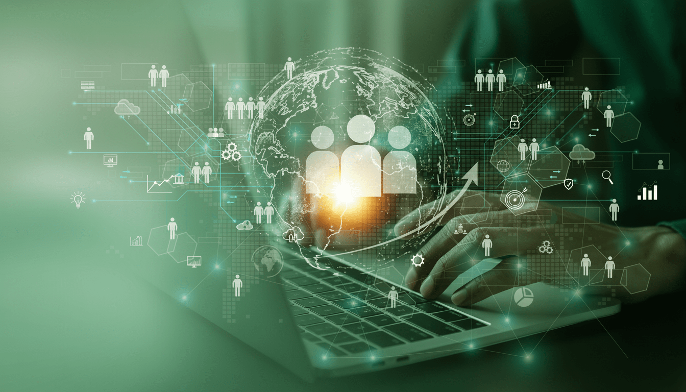 Digital network concept with person typing on laptop.