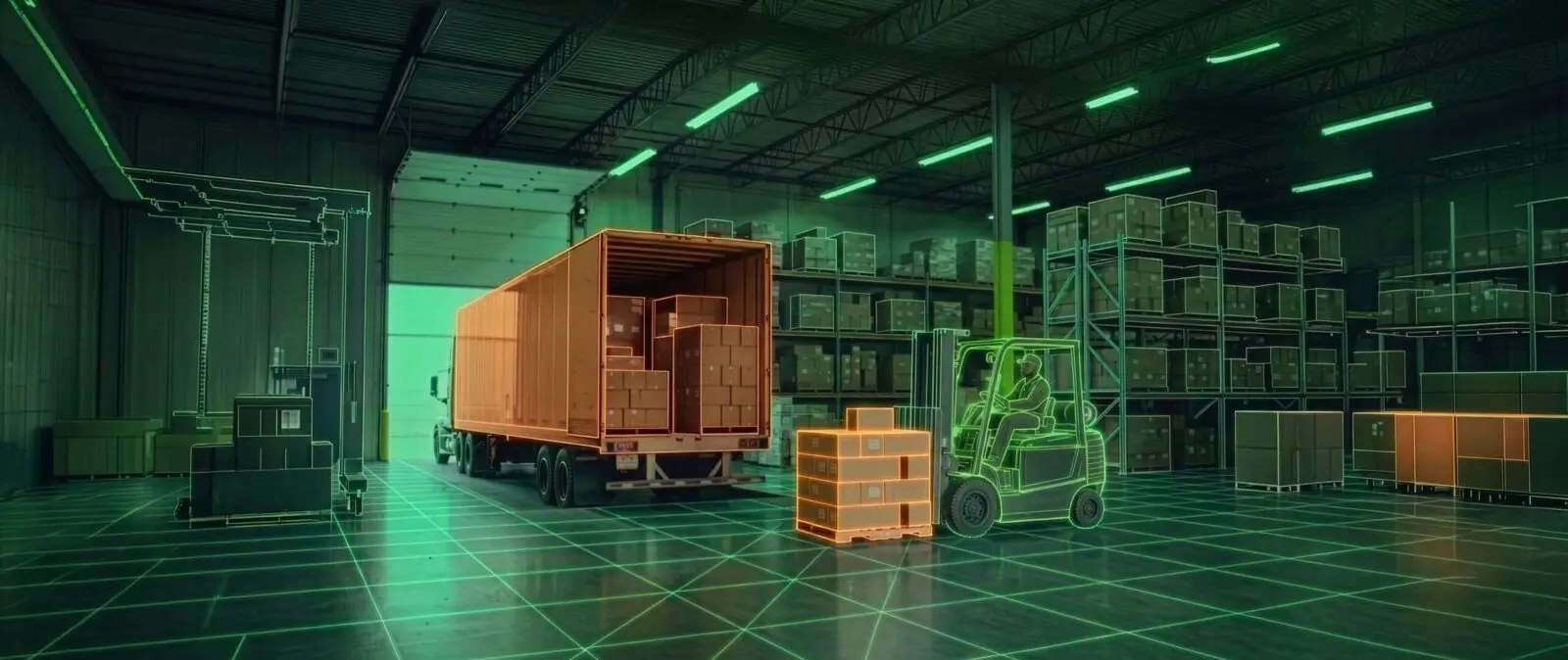 Warehouse with forklift and semi-truck boxes.