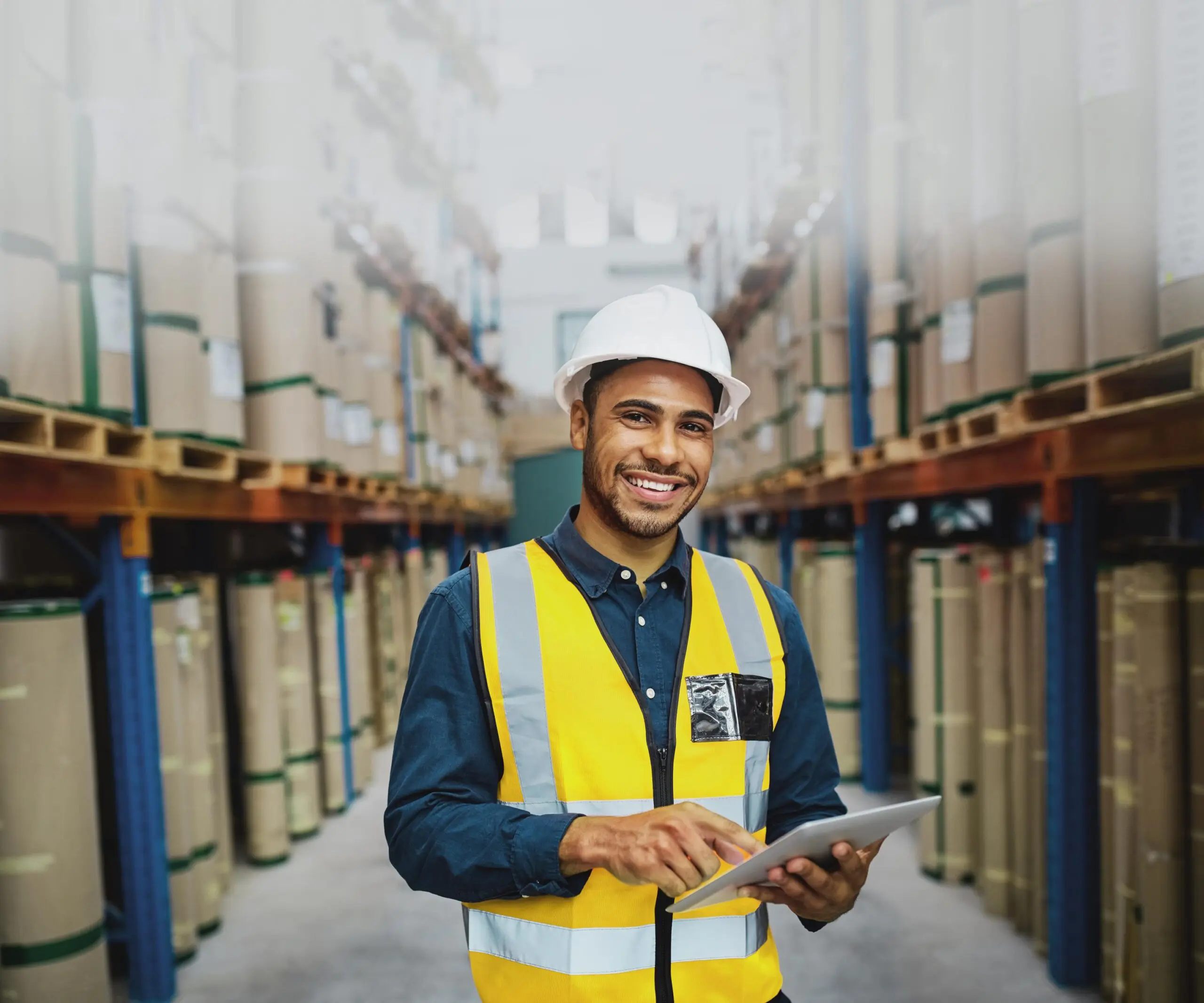 Smiling worker with tablet in warehouse.