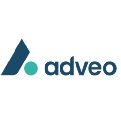 Adveo logo with geometric design.