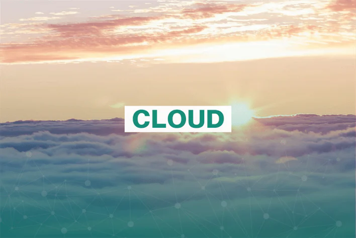 Sunrise over clouds with geometric network overlay.