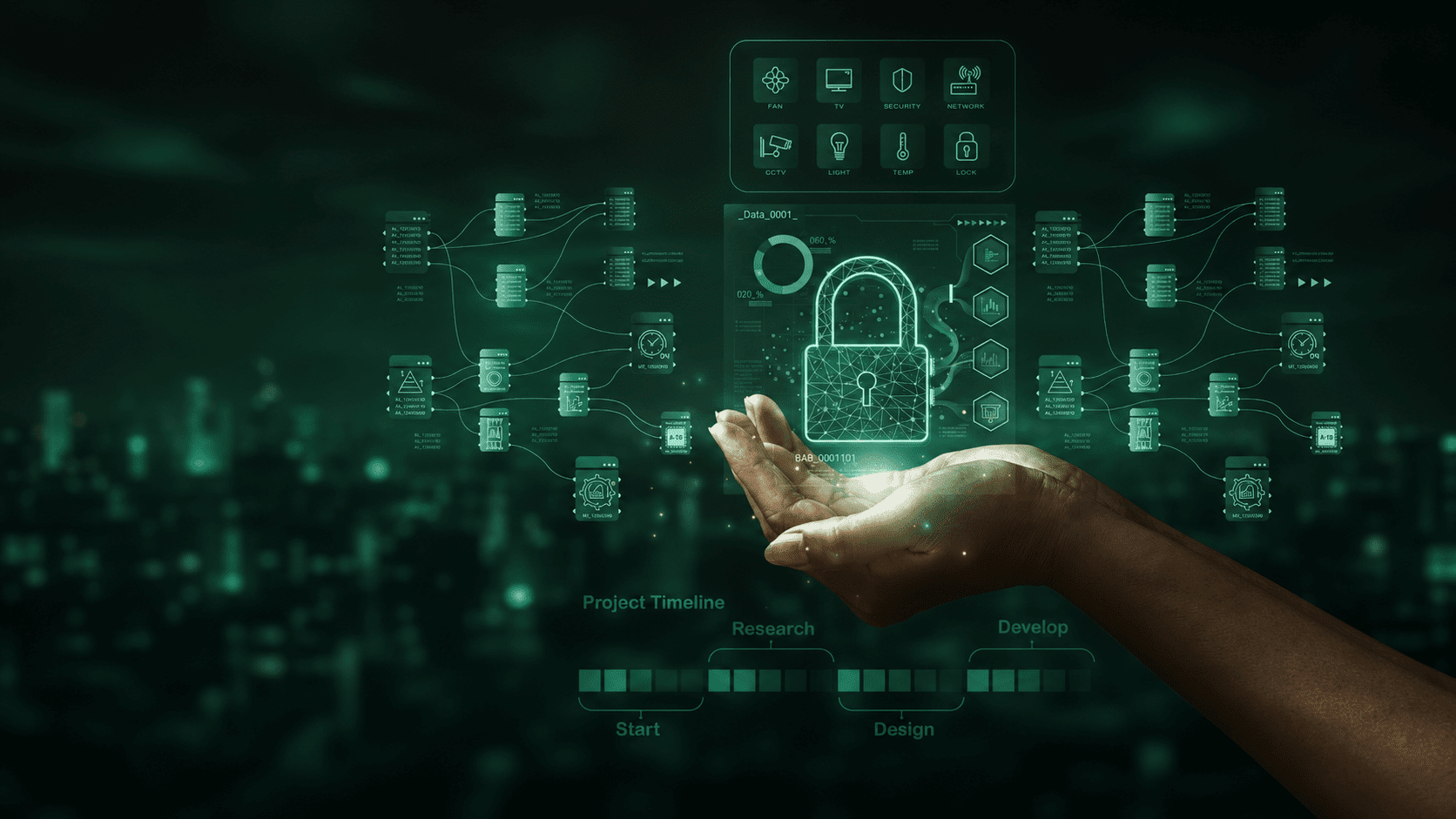 Hand mit digitalem Sicherheitsschloss und Netzwerkdiagrammen