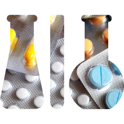 Blister packs filled with colorful pills.