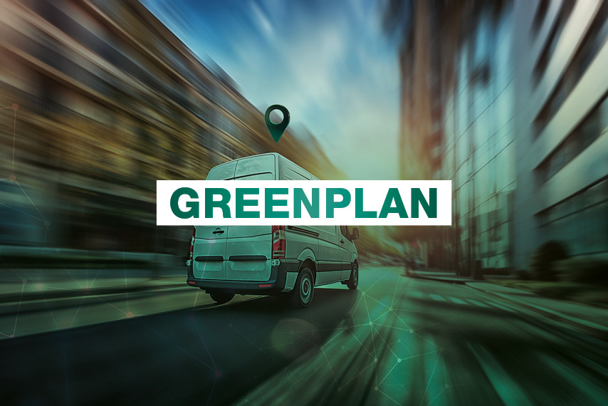 GreenPlan logo on moving vehicle background.