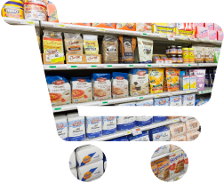 Grocery store pantry items on shelves