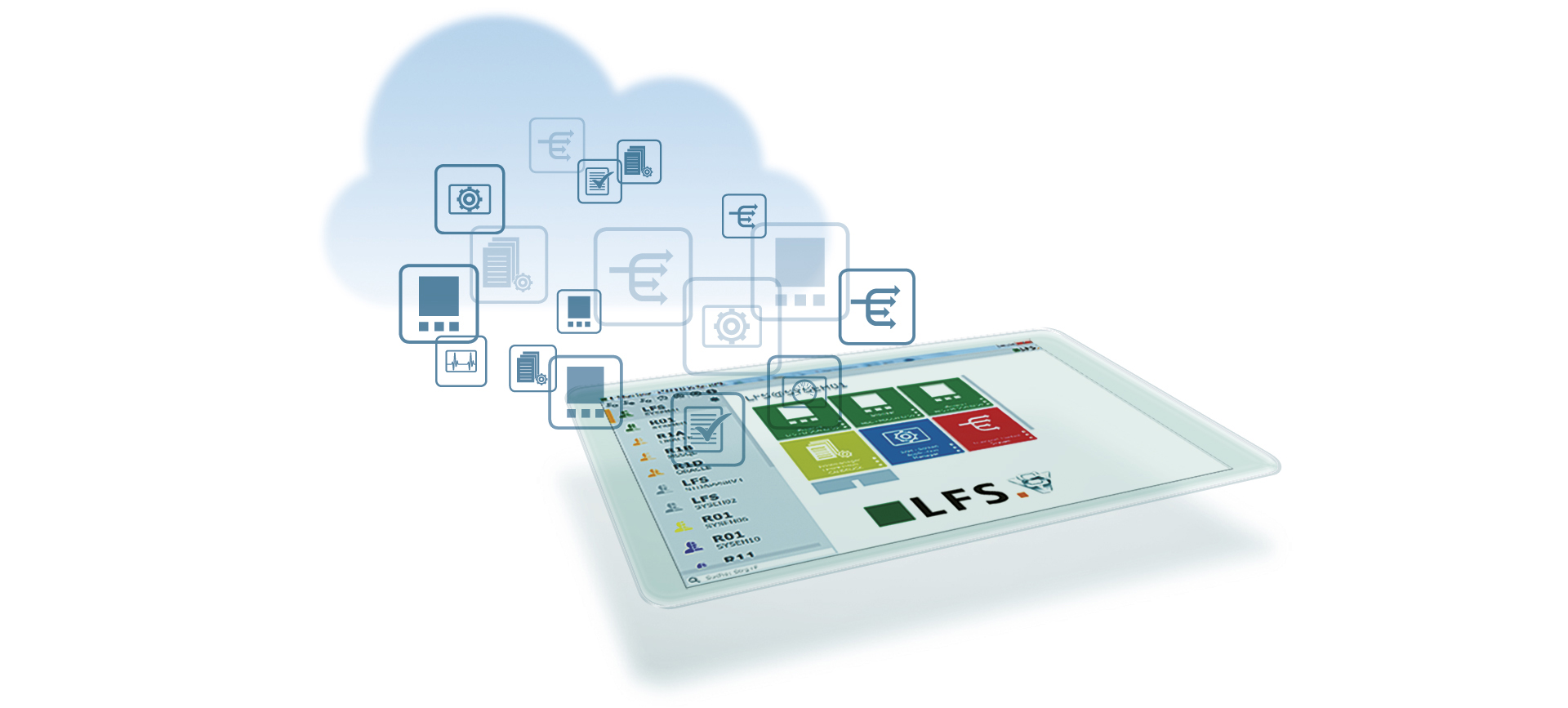 Tablet with cloud-based digital icons and interface.