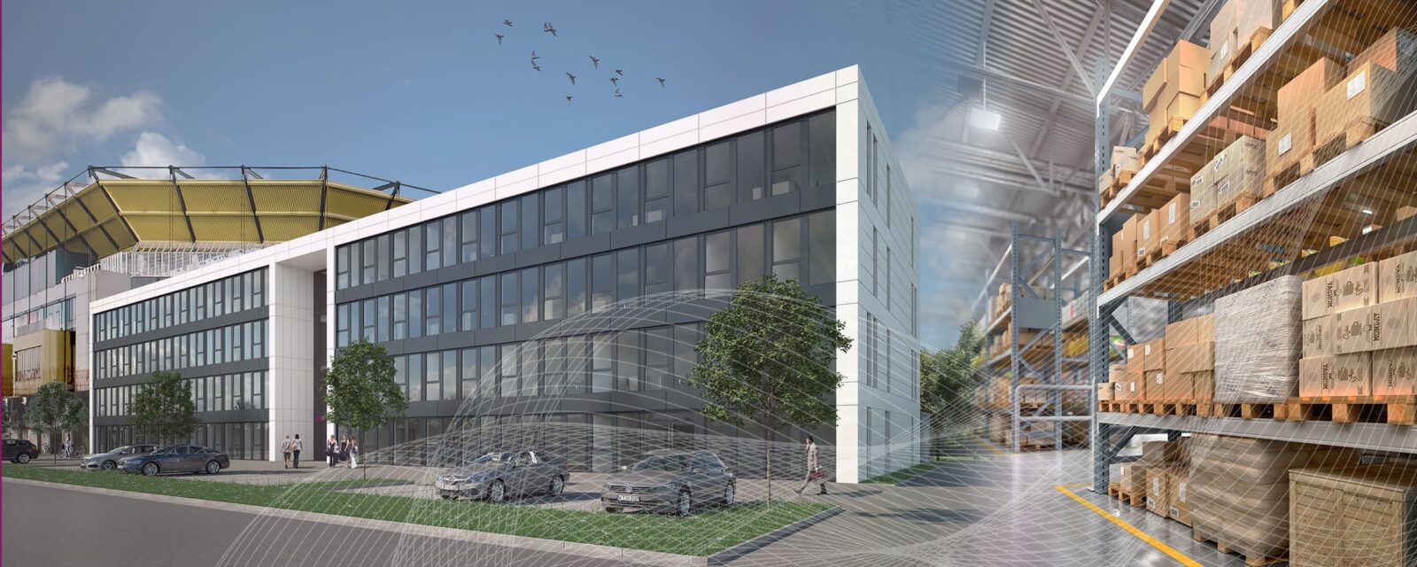Bürogebäude und Lagerhaus bei sonnigem Wetter