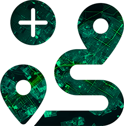 Digital map icons with circuit board design.