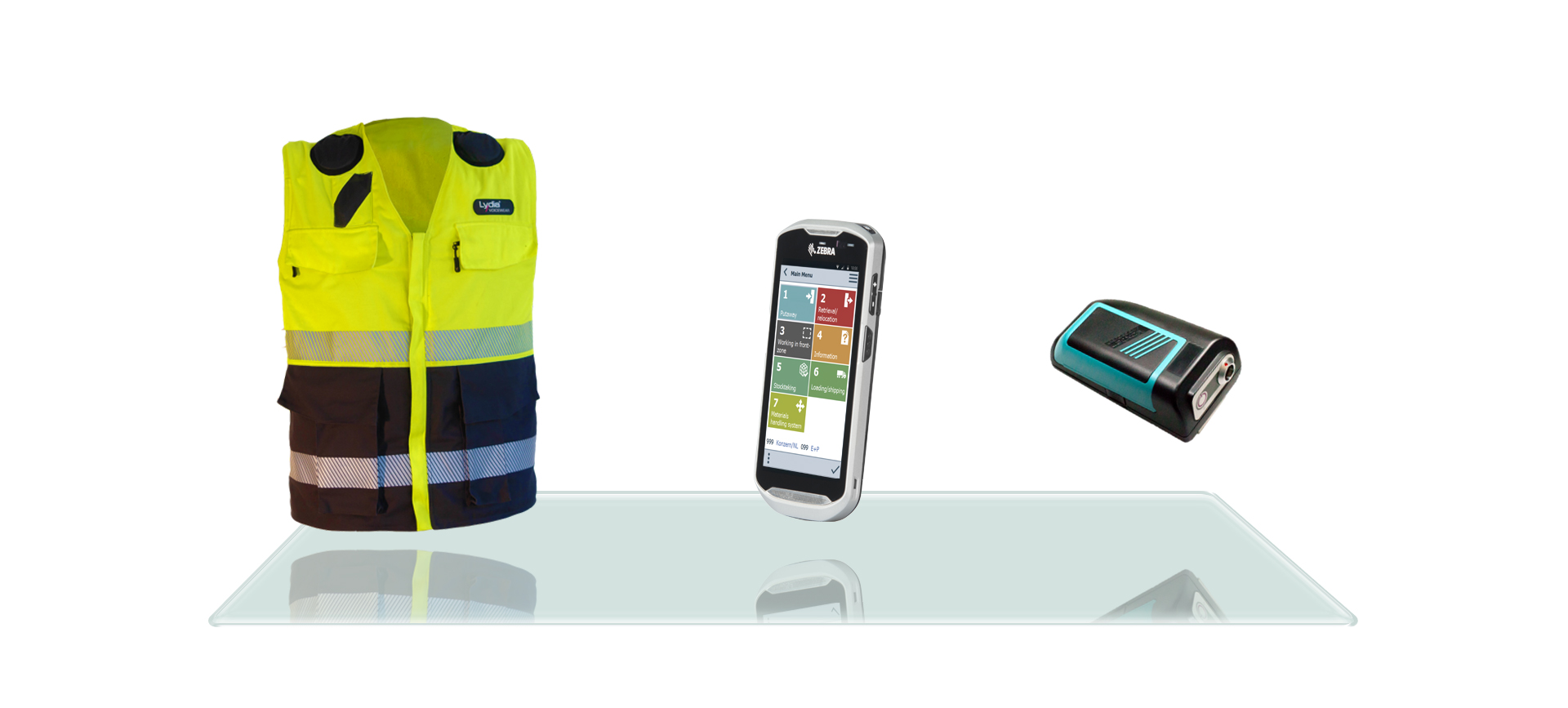 High-visibility vest, mobile device, and scanner on display.