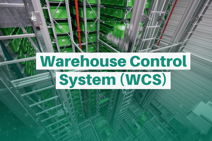 Automated warehouse management system with green bins.