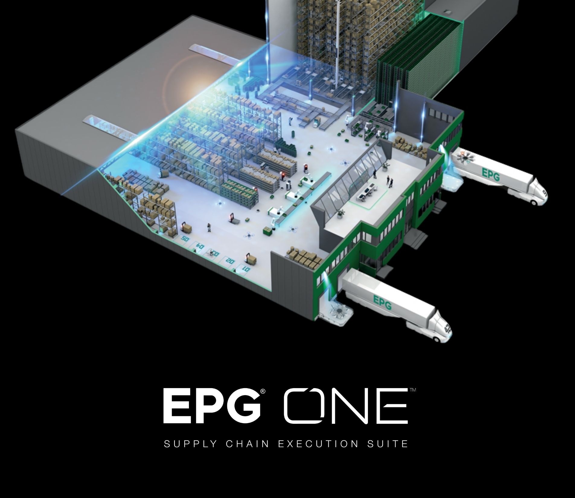 Warehouse with trucks labeled EPG, supply chain execution.
