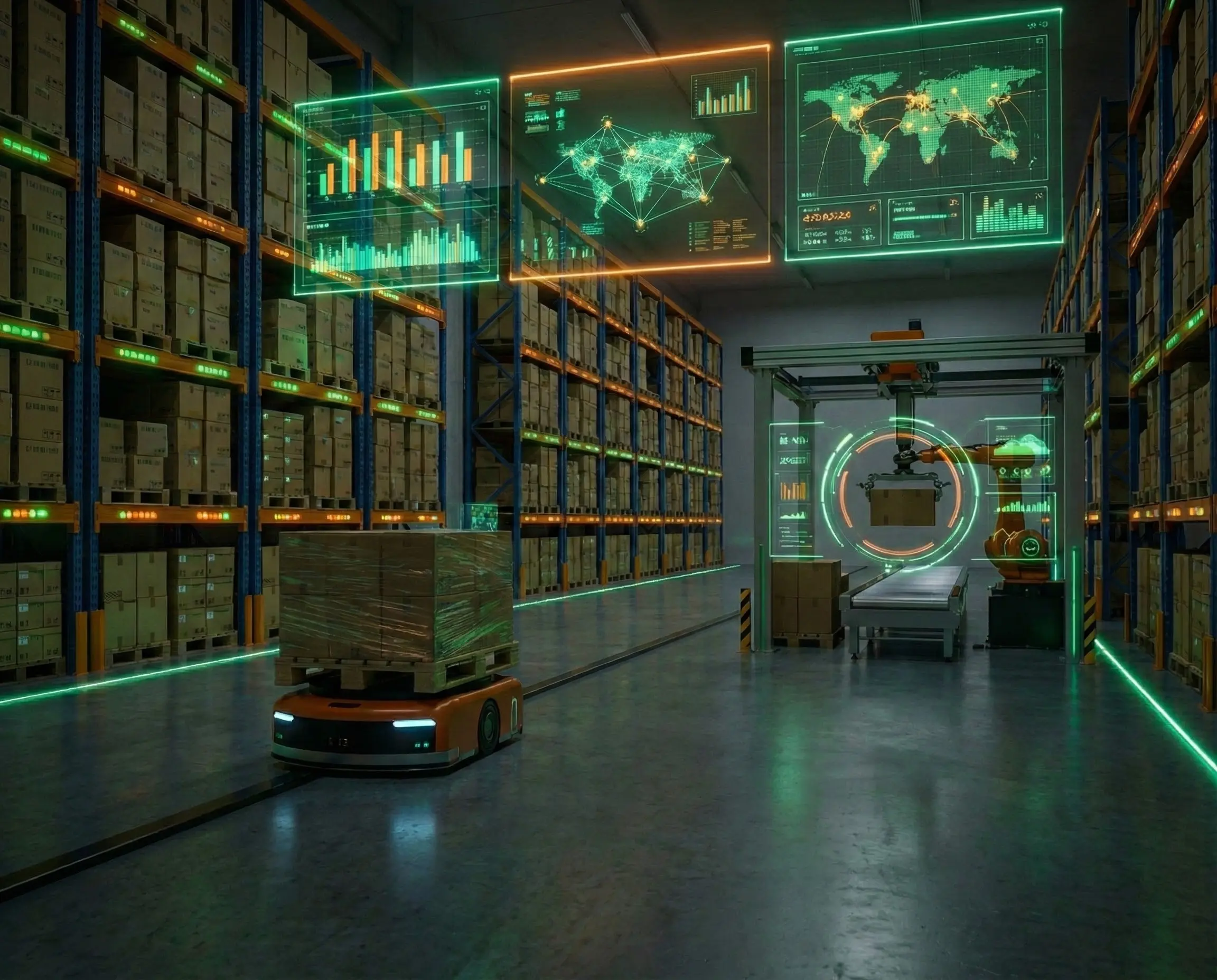 Automated warehouse with robots and digital displays.