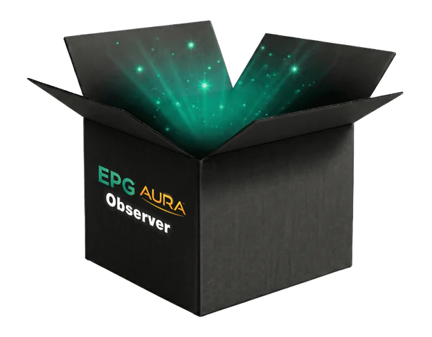Open black box with glowing green lights inside.