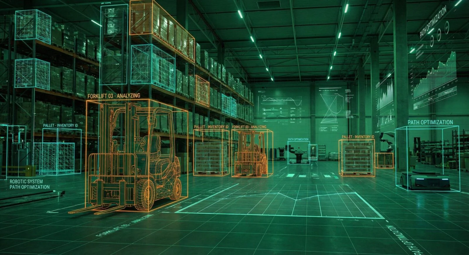 Warehouse with automated forklifts and path optimization technology.