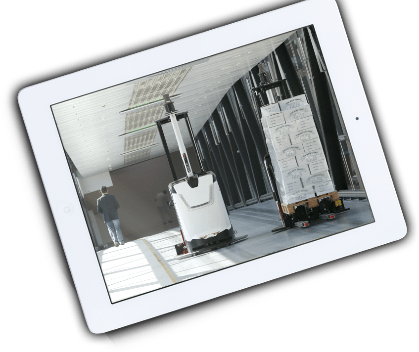 Automated robots transporting goods in warehouse