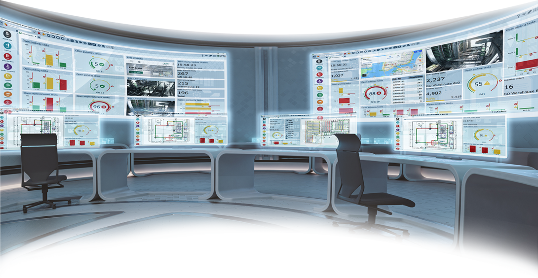 Modern control room with digital screens and chairs.