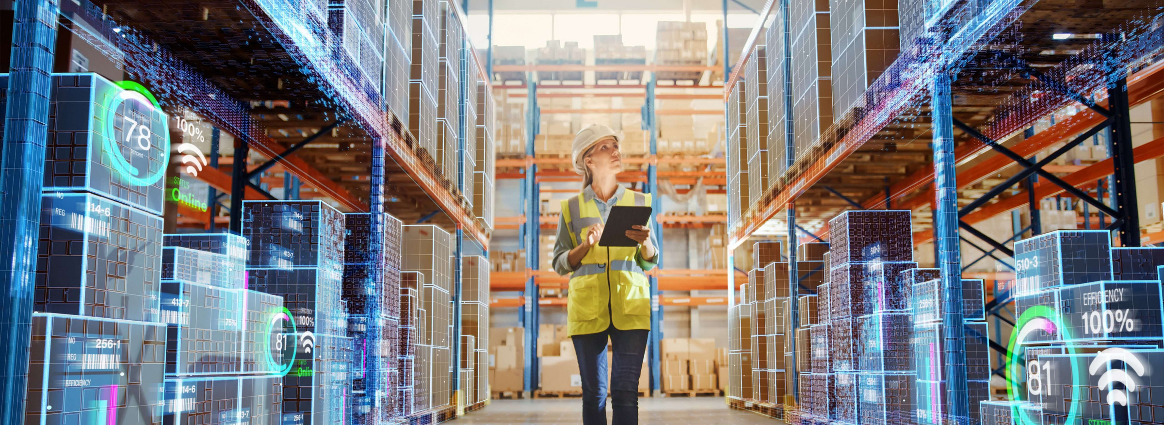 Warehouse worker using tablet with digital overlay.