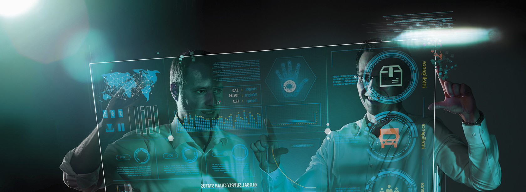 Man interacting with holographic digital interface display.