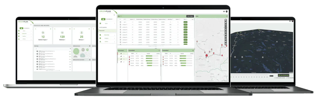 Fleet management software dashboard on multiple laptops.
