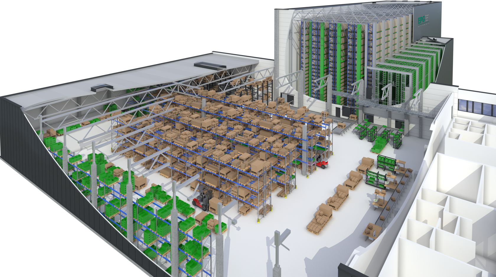 Warehouse with shelves and storage units overview.
