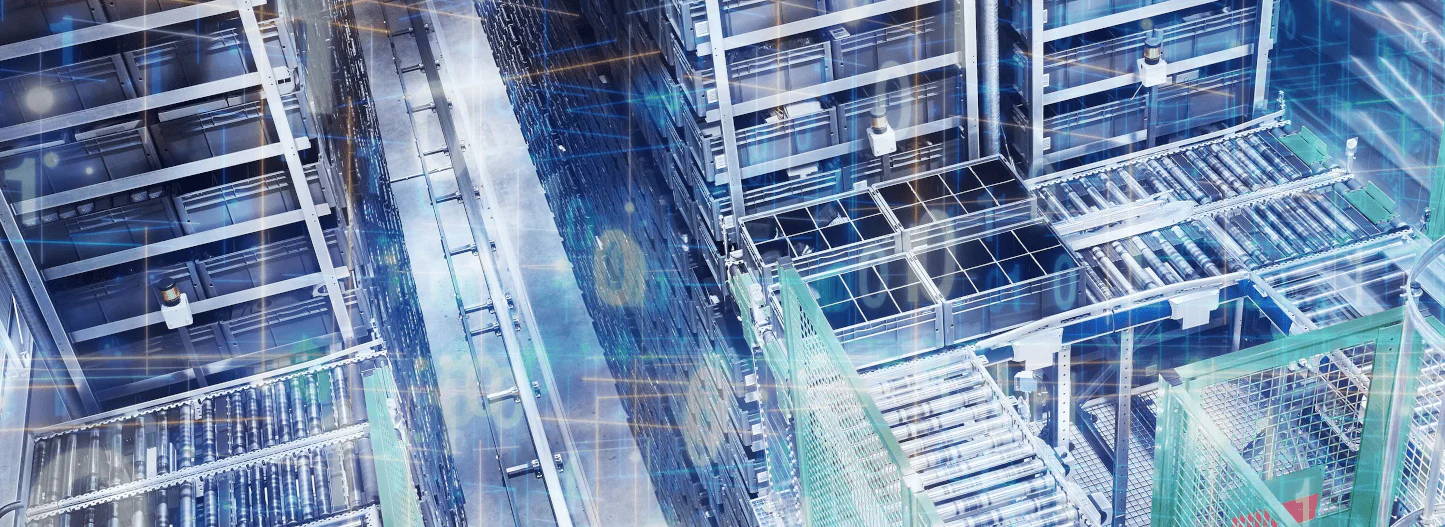 Automated warehouse with conveyor systems and blue lighting.