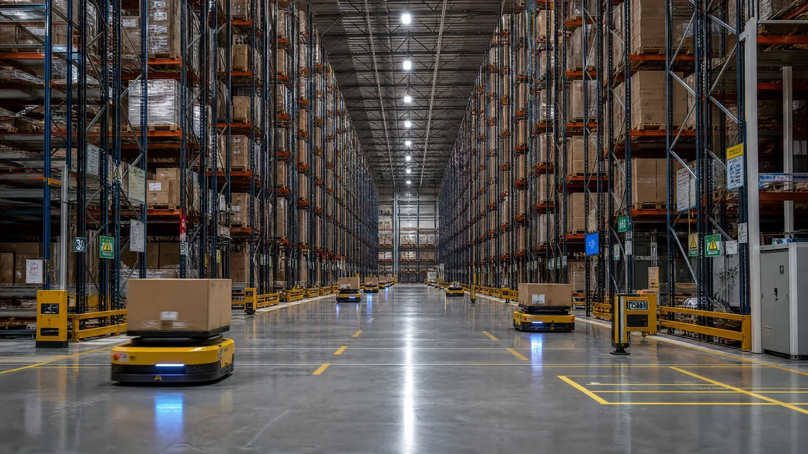 Autonomous robots transport boxes through a vast warehouse aisle.