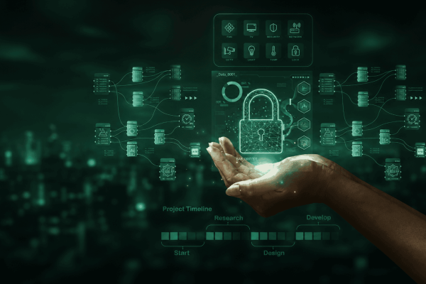 Hand mit digitalem Schloss und Netzwerksymbolen