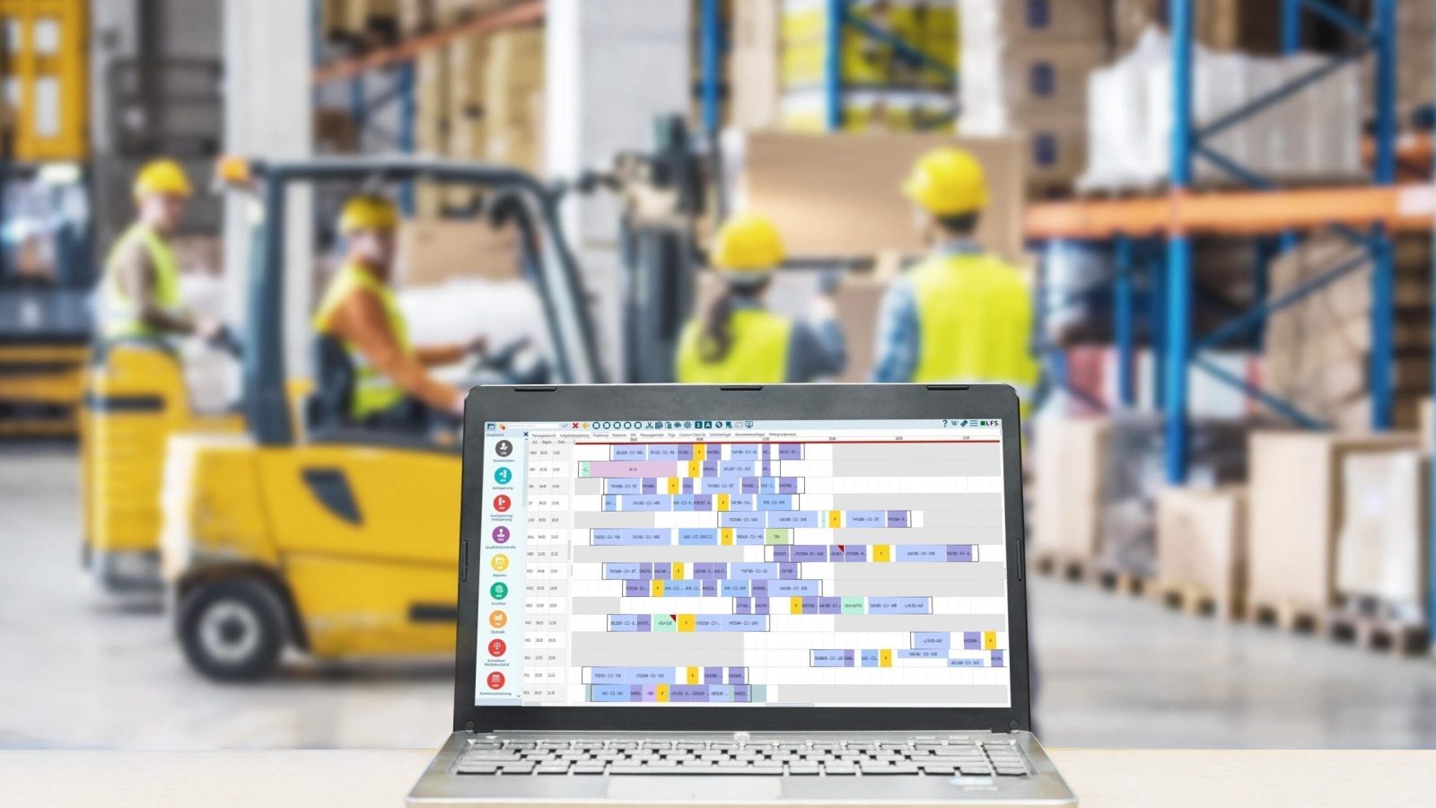 Laptop with white blank screen on brown wooden desk and blurred warehouse store background