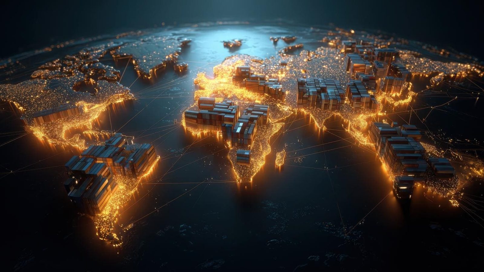 Illuminated world map with glowing interconnected continents